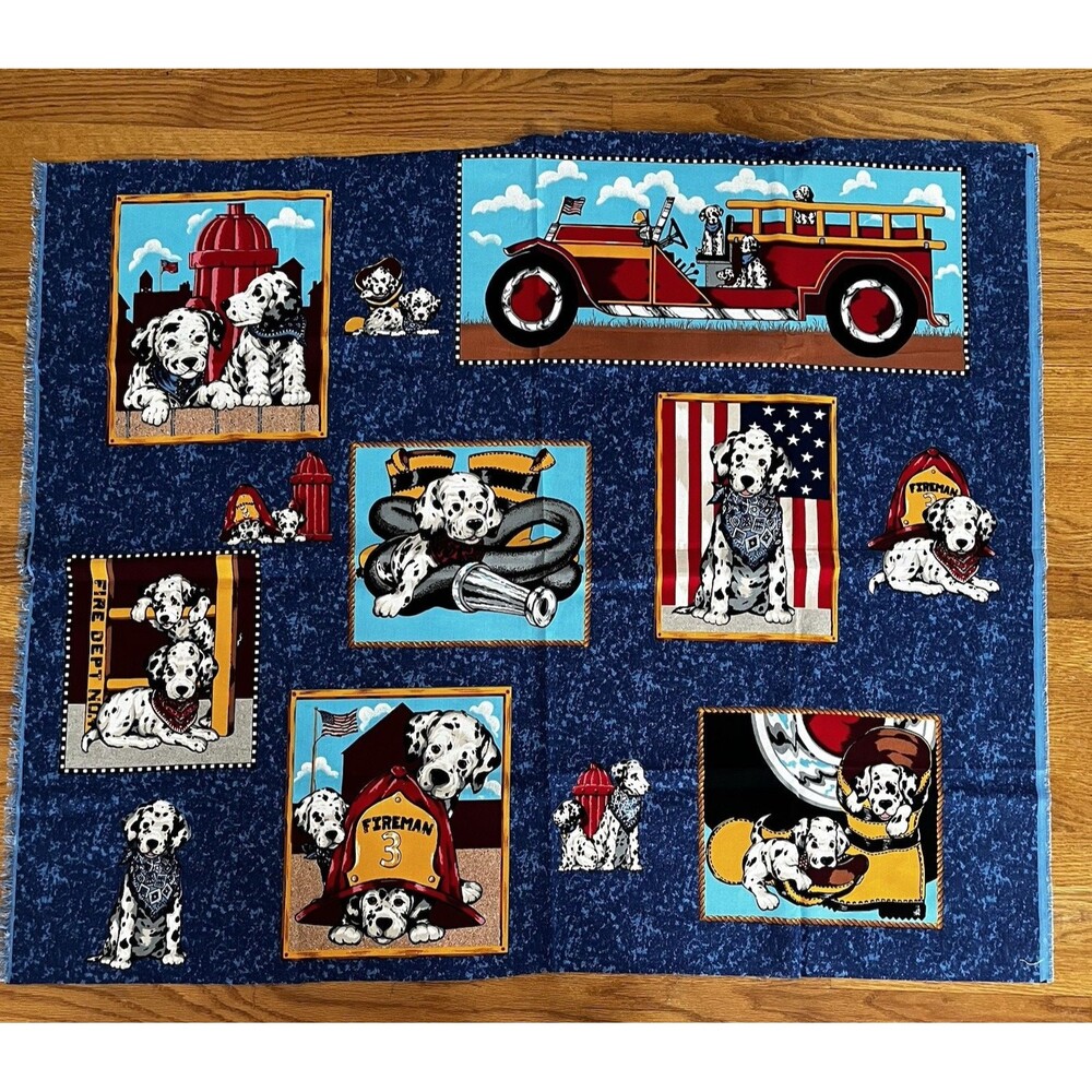 Firehouse Dalmatian Dog Trucks Hydrant USA Flag Fabric Panel 1 Yard x 44" Wide